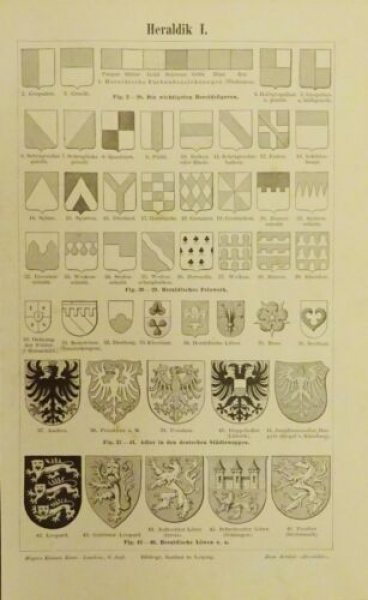 1899 - alter Druck, Heraldik (Die wichtigsten Heroldsfiguren, Heraldisches Pelzwerk, Adler in den deutschen Städtewappen, Heraldische Löwen, Familien- und Geschlechterwappen, ...